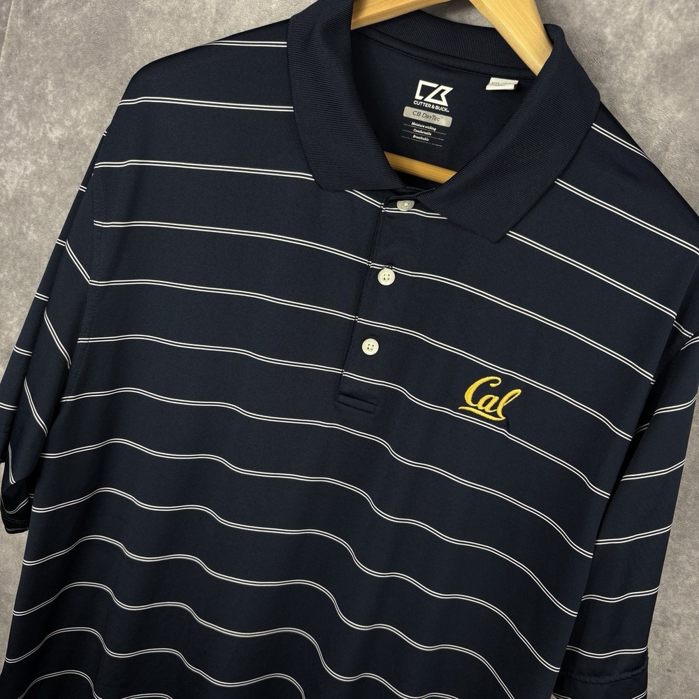 California Cal Bears Polo Shirt Men's 2XL Blue White Stripe Cutter & Buck DryTec